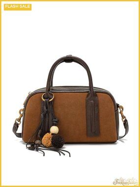 Vintage Suede Boston Bag with Crossbody Strap - Retro Top Handle Satchel Purse